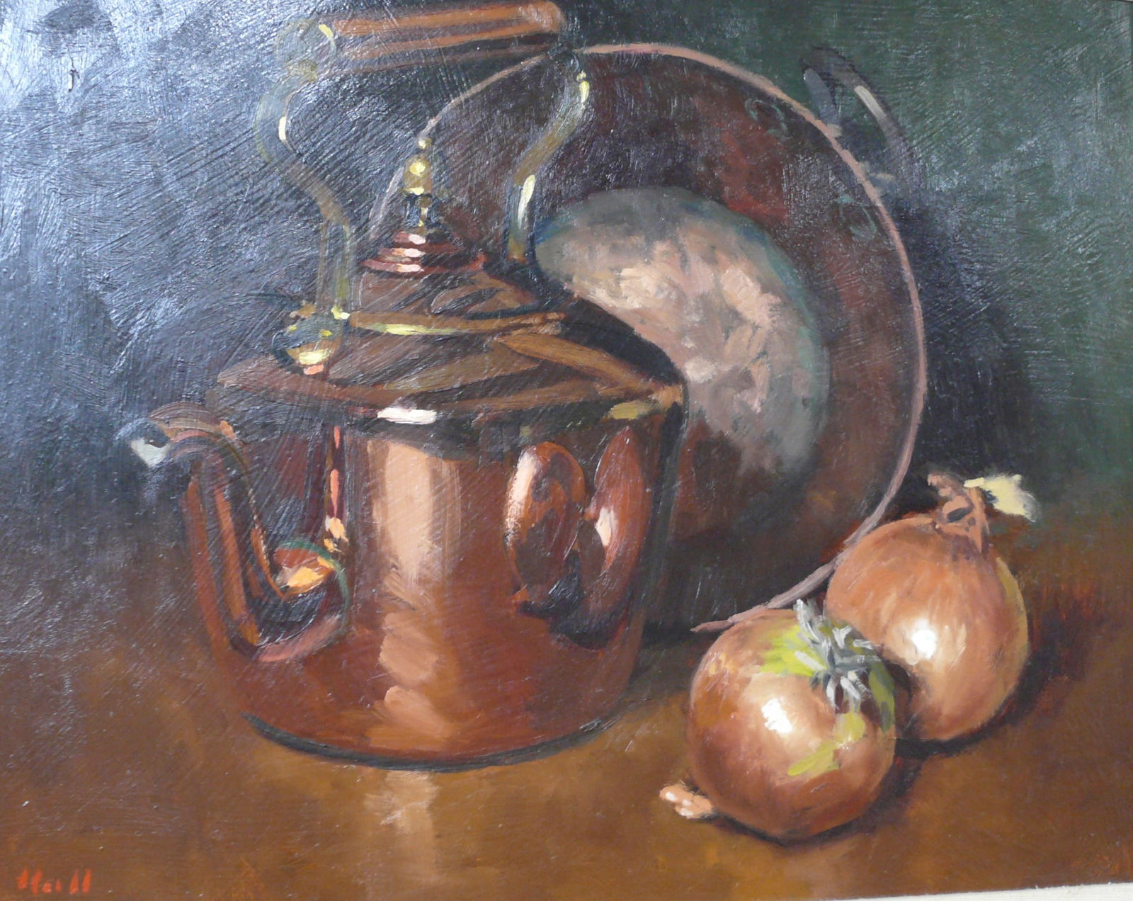 Hull – Copper Teakettle Still Life With Onions: Still life with copper teakettle, matching copper basin, and two onions arranged on a tabletop. Classical composition with warm reflective tones Hull is a still life painter focusing on domestic and