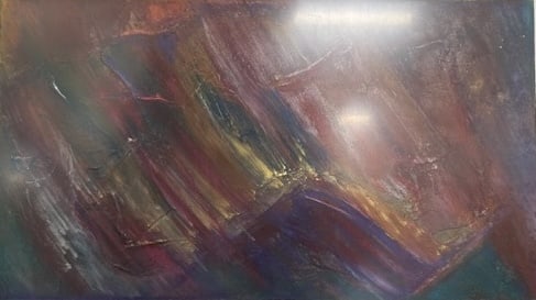 Kati Roberts – Dark Abstract With White Highlights: Compact abstract work with deep-toned shapes accented by bright white highlights. Executed in pigment on paper with a modern minimalist aesthetic Kati Roberts is a contemporary abstract artist working