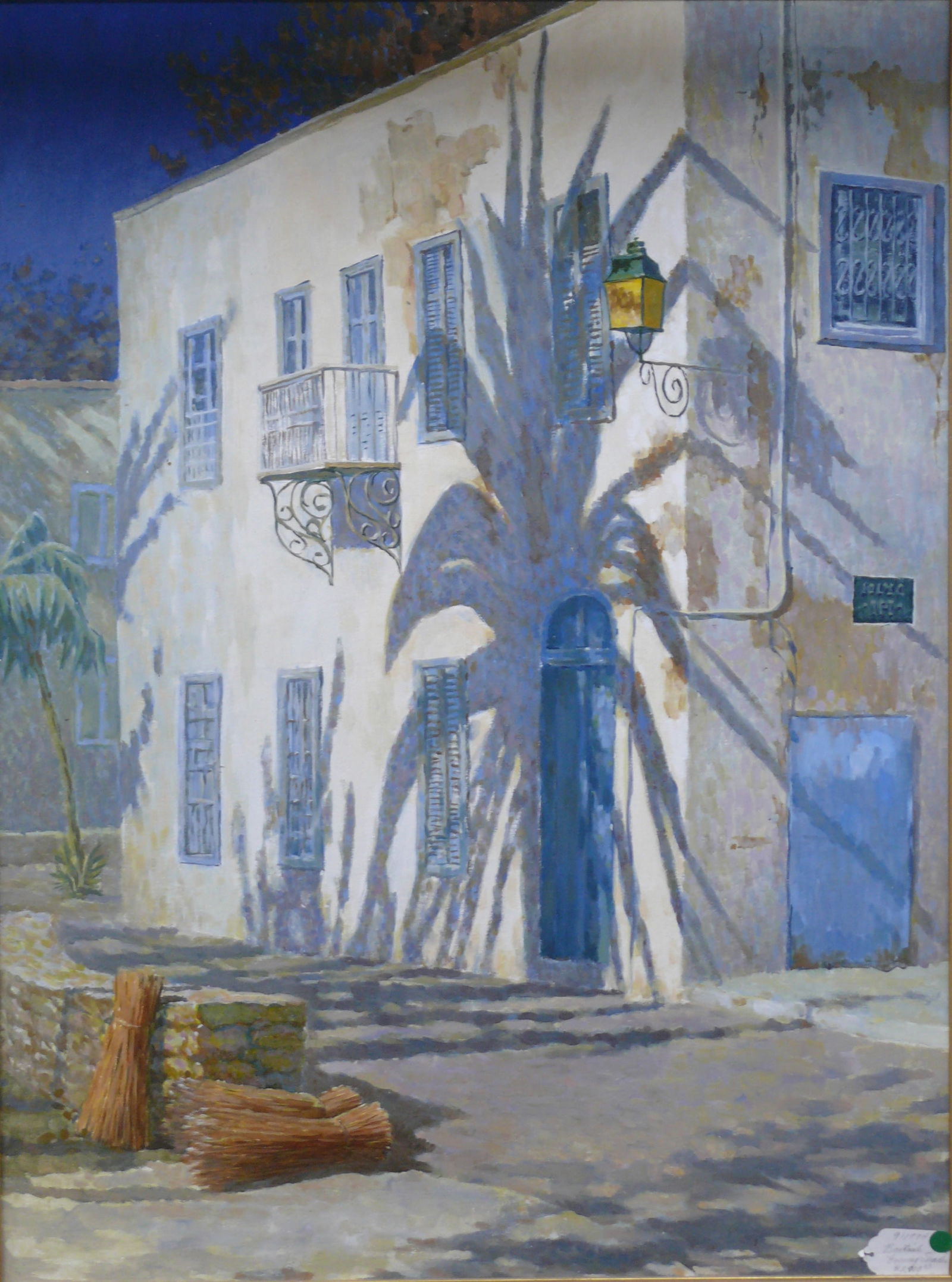 S. Banituk – Palm Tree Shadow on White Building: Oil on canvas depicting the shadow of a tall palm tree cast across a stark white geometric building. Clean lines, sunlit palette, and contemporary architectural aesthetic S. Banituk is a contemporary
