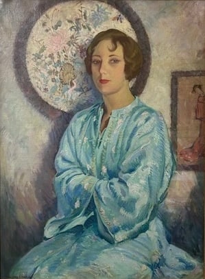 Richard A. Chase – Seated Woman in Pale Blue Kimono: Large oil on canvas portrait of a woman in pale blue robe before a decorative circular backdrop. Cool-toned palette with soft impressionistic brushwork. Original vintage wood frame with minor wear