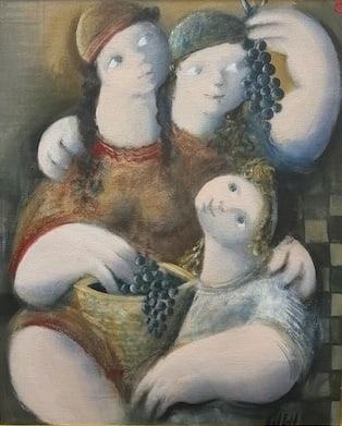 Salvador Collell – Fruit of the Vine - Figurative Trio Composition: Oil on panel featuring three stylized figures rendered in soft pastel tones and rounded forms. Surrealist-influenced Spanish modernism with whimsical, gentle expression Salvador Collell is a Spanish m