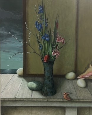 William (Bill) Barnes – Still Life With Vase, Shells & Stones: Oil on canvas still life featuring a vase with vibrant flowers, seashells, and smooth stones atop an architectural ledge. Detailed rendering and serene contemporary classical tone William