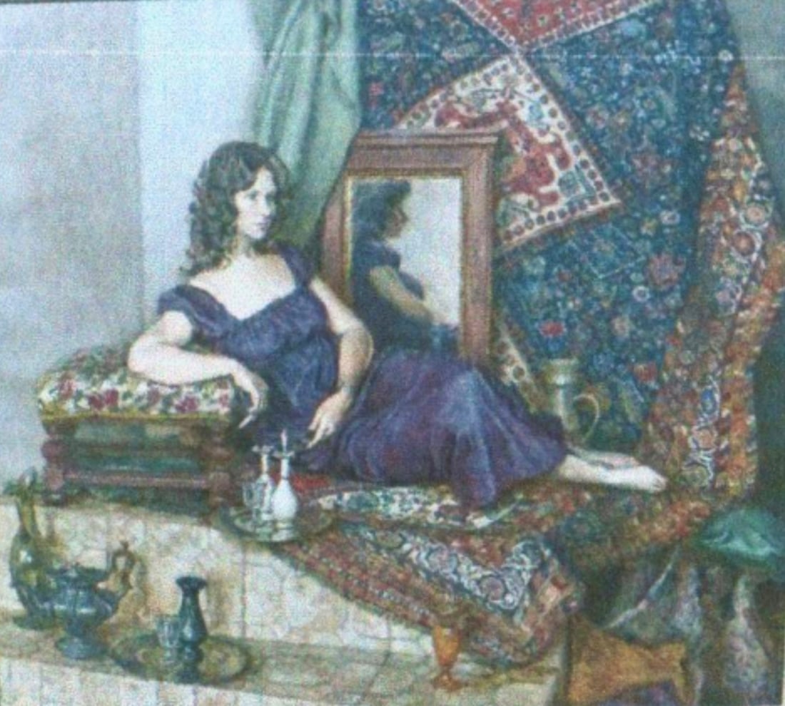 Howard Wexler – Interior Scene With Seated Woman: Richly detailed interior with patterned textiles, ornate décor, and a seated figure in a flowing dress. Strong color layering and classical structure typical of Wexler’s work Howard Wexler (b.