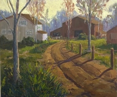 Jesse Powell – Birch Lane to the Barns: Sunlit rural lane leading to weathered barns, broken brushstrokes suggesting movement in trees and grass; warm palette with subtle atmospheric depth Jesse Powell (b. 1977, California) is a plein-air