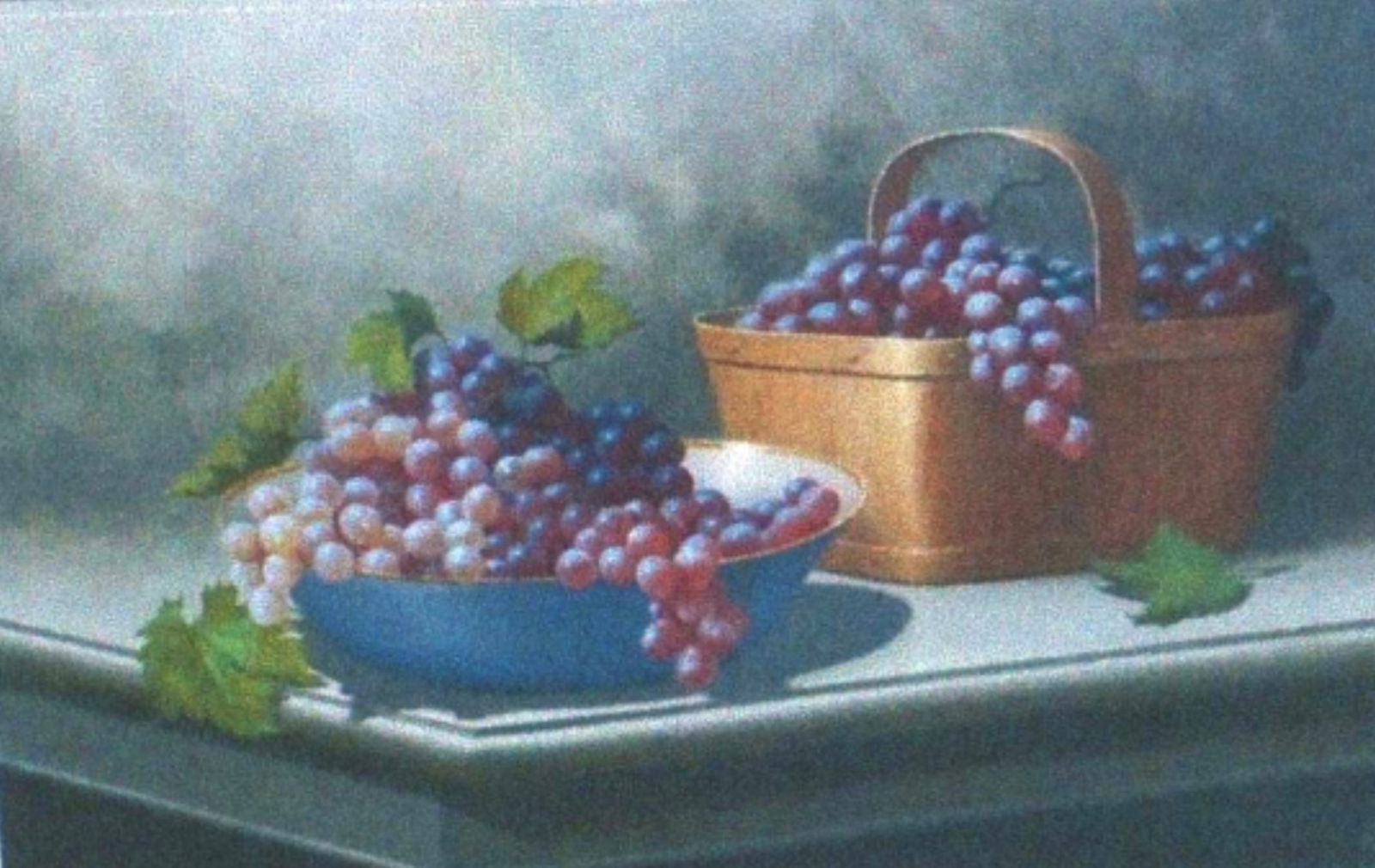 Lex Gonzalez – Grapes in Bowl and Basket: A bowl and basket of grapes rendered with naturalistic shading; careful attention to light and texture on the fruit and container Lex Gonzalez is a contemporary painter known for hyper-realistic