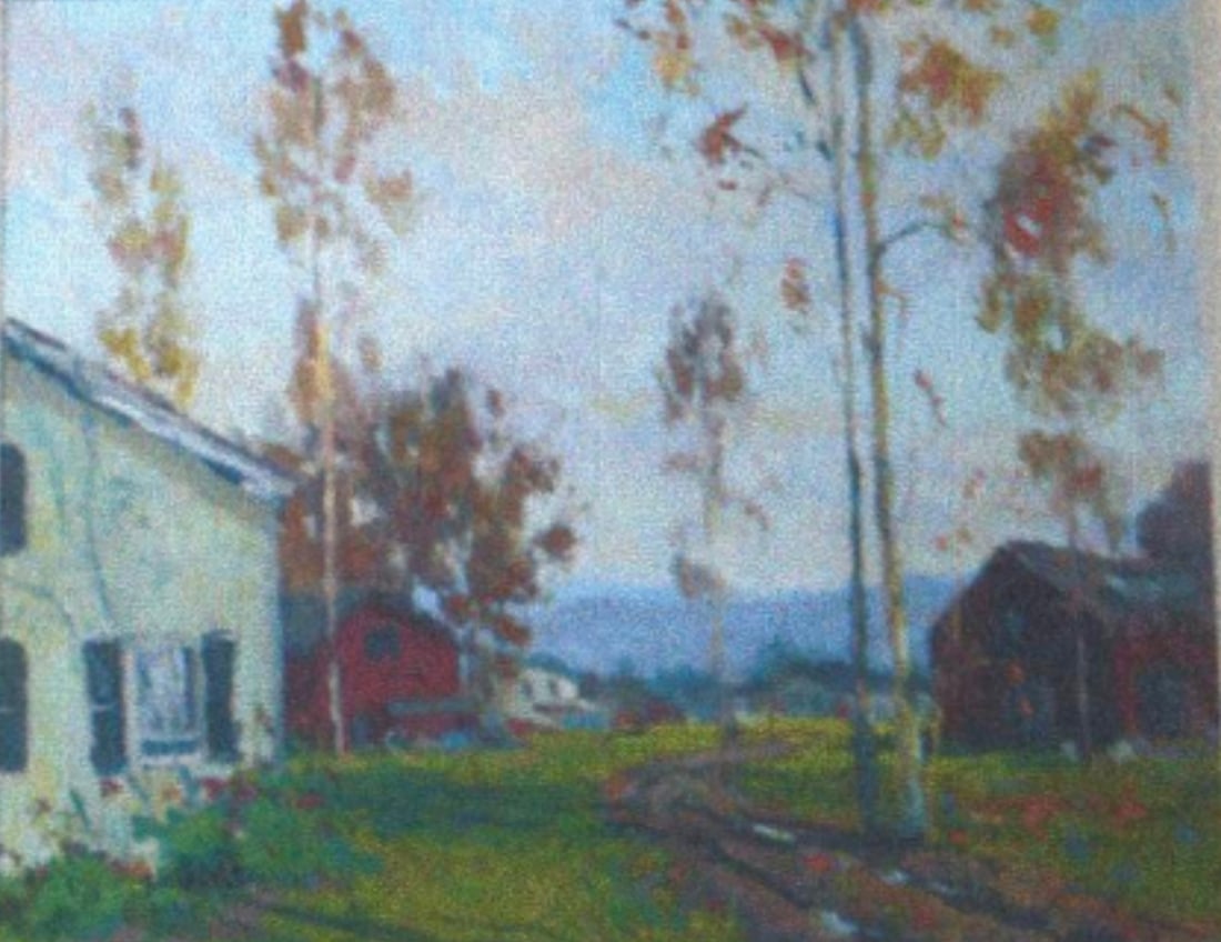 Jesse Powell – Country Road to the Barns: A sunlit rural path leading to distant barns; warm earth tones dominate; expressive brushwork conveys texture in grasses and dirt track.