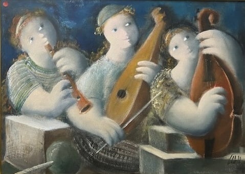 Salvador Collell – The Musicians: Three musicians grouped in a warm interior; careful modeling of hands and faces, subtle warm glazing highlights textures of clothing and instruments Born in Spain in 1949, Salvador Collell Juanola is