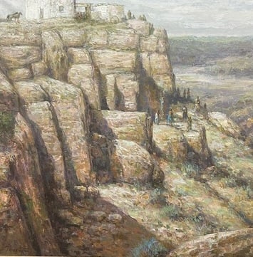 Troy Denton — Untitled: Western-themed composition with bold color and classic frontier atmosphere Troy Denton is an American painter known for Western landscapes, cowboy imagery, and wide-open frontier scenes.