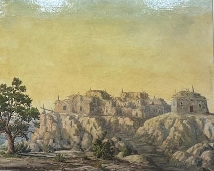 Jack Grisham — Adobe: Southwestern adobe structure rendered in warm earthy tones Jack Grisham (1913–1994) was a California and Texas artist known for regional landscapes and architectural subjects.