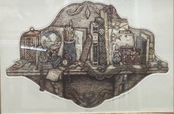 Alice Scott Morriss — The Shelf: Still-life lithograph with classic mid-century line work Alice Scott Morriss was an American printmaker whose works reflect domestic scenes, still lifes, and illustrative detail.