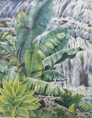 Peter Wong — Waterfall Series: Layered depiction of cascading water in soft tonal gradients Peter Wong is known for serene landscape studies and simplified natural forms.