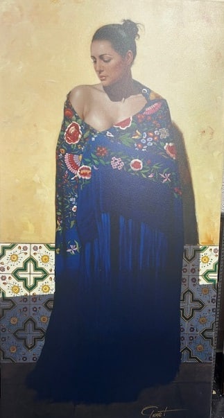 Gabriel Picart — Azul: Companion to “Purpura,” this piece features a model in a blue gown amid sculptural tile motifs; cool tonal contrast with meticulous detailing Gabriel Picart, born in Barcelona in 1962, is