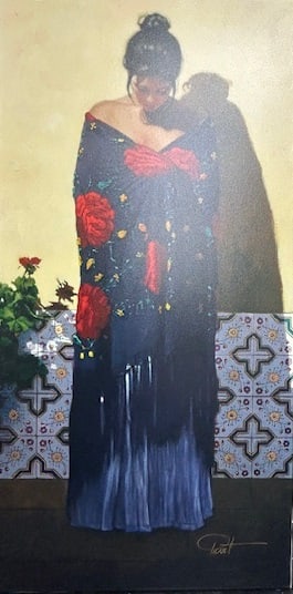 Gabriel Picart — Purpura: Elegant female figure draped in purple shawls, set against decorative Spanish tile Gabriel Picart is a Barcelona-born realist painter noted for precise draftsmanship and classical figurative