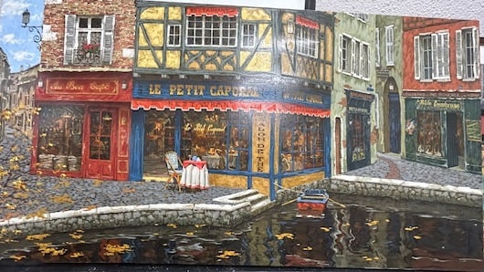 Viktor Shvaiko — The Last Leaves: Rich autumnal storefront scene with warm window glow and fine embellishment detailing Viktor Shvaiko is known worldwide for romantic European alleys, storefronts, and cafés painted with depth,