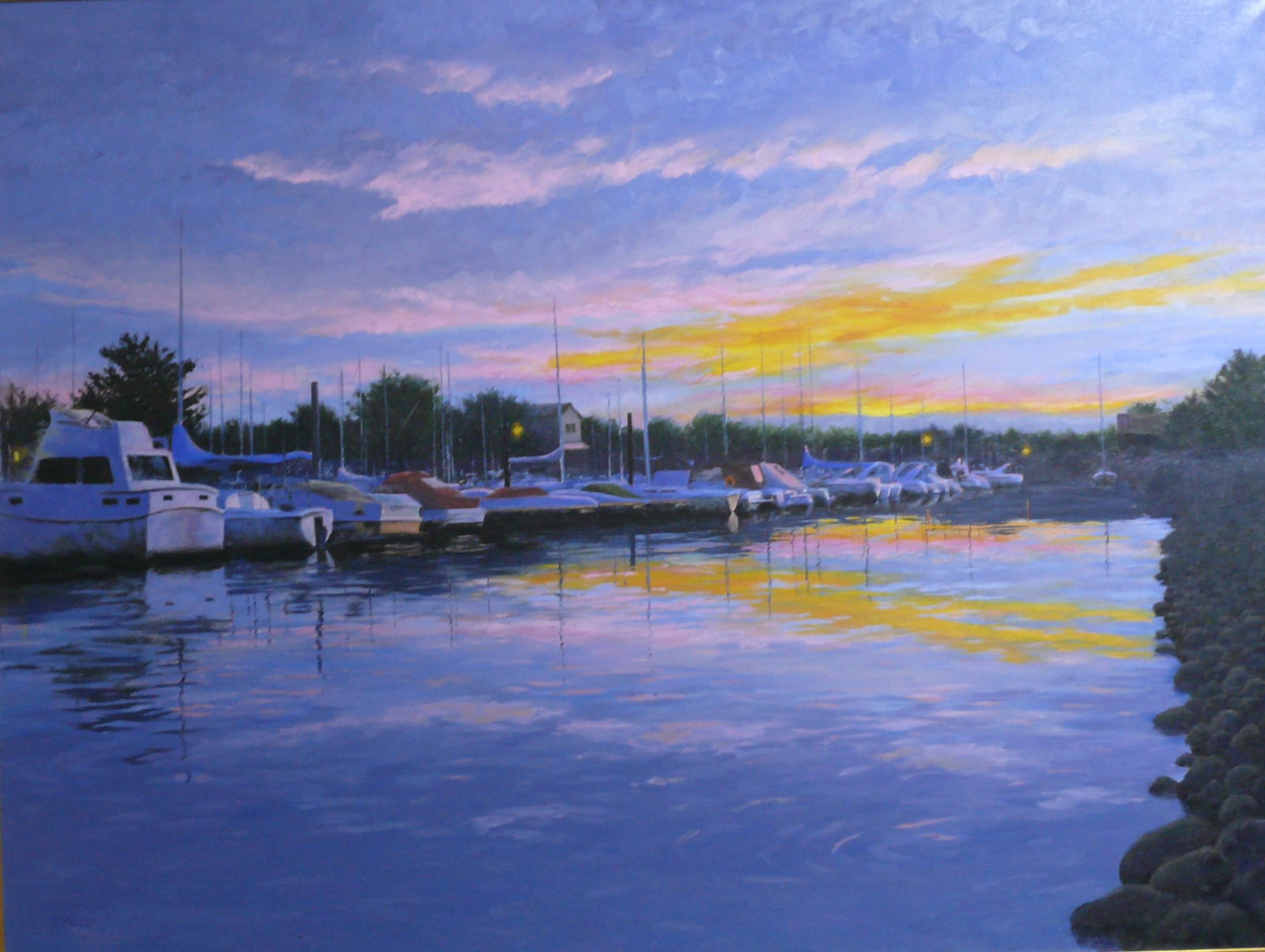 Stephen Kozar — Glasswater at Dusk: Hyper-detailed marina at sundown with masts, hulls, and dock lights reflected in still water like polished glass. Atmospheric color shifts enhance depth and realism, emphasizing calm and stillness Ste