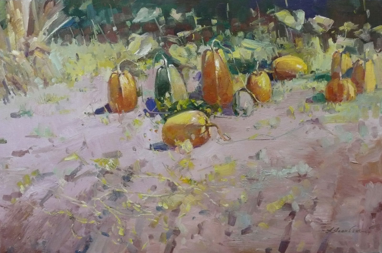 Andriy Yalansky (XX c. Ukrainian master painter) — Pumpkins in the Field, Oil on Canvas: Realistic still life of a country yard featuring pumpkins of various sizes, predominantly orange with some green. Rich attention to texture and natural lighting emphasizes the tactile quality of the g