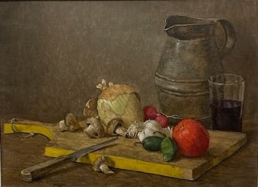 Dan Griggs — Tin and Tomatoes Still Life, Oil on Canvas: Dan Griggs — Tin and Tomatoes Still LifeOil on canvas, 12 x 16 in.A refined traditional still life featuring a galvanized watering can, fresh vegetables, and a knife arranged on a wooden plank. Warm