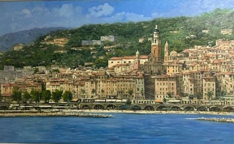 C. Cardi — Port Panorama, Oil on Canvas: Expansive city harbor scene with cathedral spires and bustling shoreline; cool blues dominate with brick-red accents for architectural contrast C. Cardi is an artist working in cityscape and harbor re