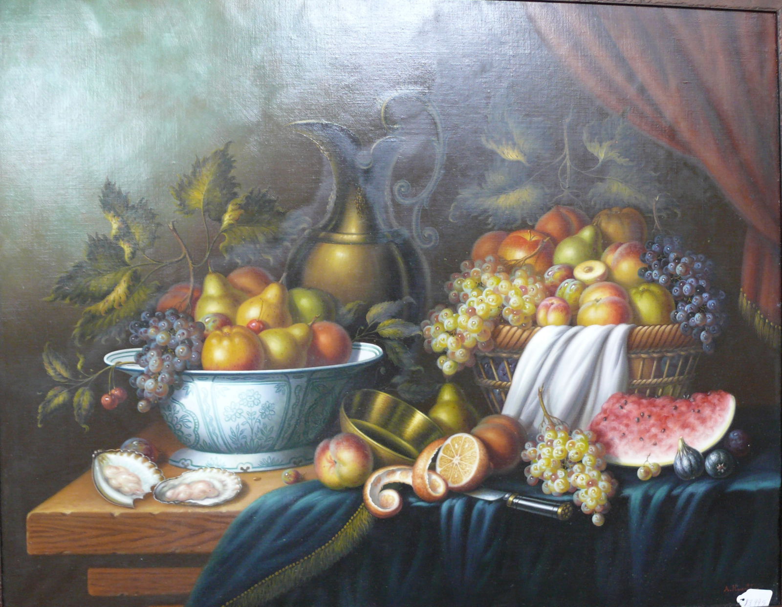 Antonio Herrera Blanco — Table of Citrus and Pewter, Oil on Canvas: Classical still life of fruit, porcelain, and pewter under cool studio light; tight realism with subtle smoke-glass shadows creates refined texture and depth Antonio Herrera Blanco (b. 1968, Spain) sp