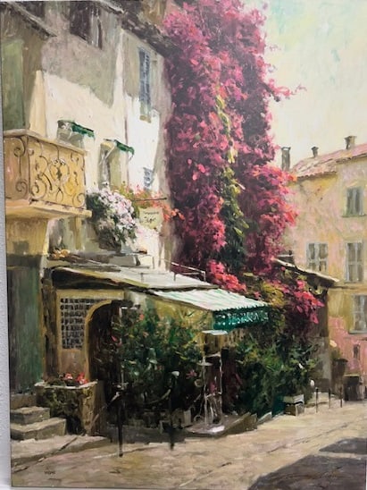 Leonard Wren —St. Tropez: Vibrant depiction of St. Tropez harbor scene; luminous color palette, intricate reflections, and refined coastal details convey Mediterranean light and atmosphere Leonard Wren (b. 1948, USA) is known