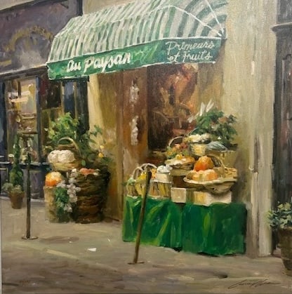 Leonard Wren — Au Paysan: Still life of a green shop awning; balanced composition and muted color palette create charm and visual harmony.Leonard Wren (b. 1948, USA) is known for European coastal scenes with impressionist