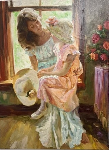 Vladimir Volegov — A Mid Morning Chat: A mother holds her daughter on her lap, the child in a pink dress and sunhat; intimate, heartwarming scene with luminous, expressive color.Vladimir Volegov (b. 1957, Chabarovsk, Russia) began painting