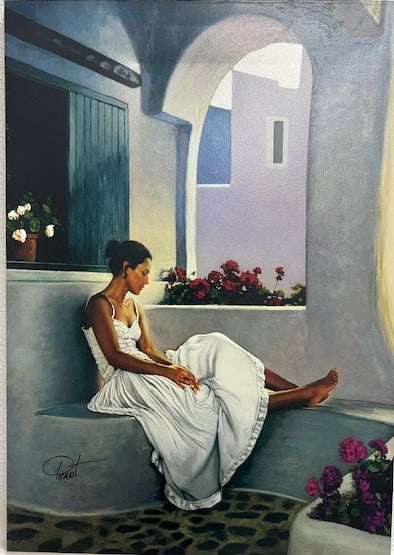 Gabriel Picart — Arcade: Woman in a white dress sitting near red roses on a white windowsill; exquisitely detailed classical realism rendered in limited edition mixed media print, hand-signed and numbered.Gabriel Picart (b.