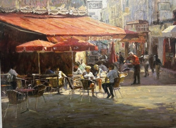 Gabriel Picart — Cafe at Pasteries: Busy outdoor café scene with a red awning; lively composition captures light, color, and atmosphere in a contemporary impressionist style Leonard Wren (b. 1948, USA) is a leading American