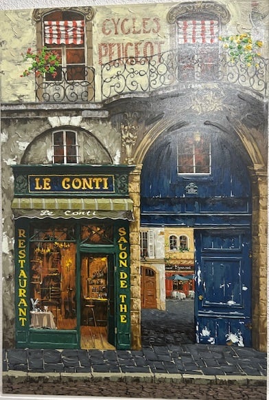 Viktor Shvaiko — April in Paris: Deep storefront with gilt signage and warm window light; angled shadows emphasize lettering and textured stone surfaces Viktor Shvaiko (b. 1965, Russia) is self-taught and internationally exhibited, s