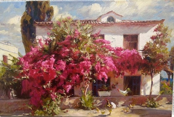 Michael & Inessa Garmash — Summer in the Country: Figure walking along a flowered path; creamy impasto effects preserved in print produce a soft, sentimental radiance.Michael & Inessa Garmash are a husband-and-wife team known for intimate figurative