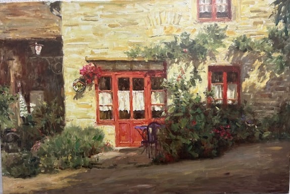 Leonard Wren — Ma Maison: A doorway into serenity; lush blooms, sunlit stone, and a quiet table outside a European-style home. Painterly softness and vibrant charm evoke a romantic impressionist scene Leonard Wren (b. 1948,