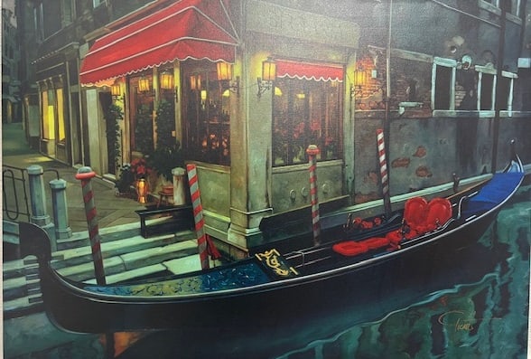 Gabriel Picart — Moonlit Gondola: Stunning moonlit gondola scene in limited edition mixed media canvas; impressionistic rendering highlights Venice’s romantic ambiance Gabriel Picart (b. 1962, Barcelona, Spain) is a realist painter