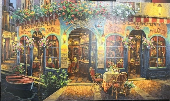 Viktor Shvaiko — Au Bon Chabrot: Classic Shvaiko bistro scene with warm interior light, ornate storefront details, and deep perspective Viktor Shvaiko is a Russian-born painter celebrated for his intimate European street scenes. His