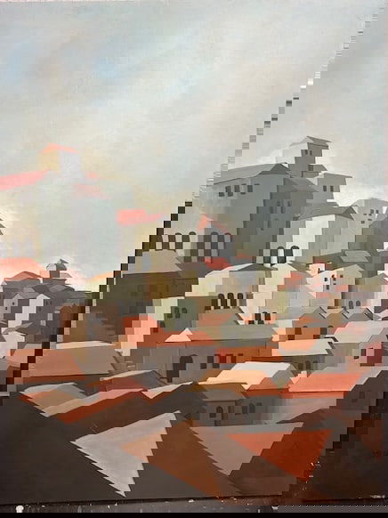 Jon Chehak — Business As Usual: A rhythmic composition of geometric buildings and city blocks. Chehak’s layered rooftops create a sense of compressed urban energy and symmetrical harmony Jon Chehak, based in Cedar Rapids,