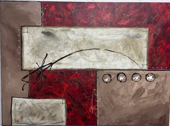 Cadillac Jones — Untitled: Bold contemporary abstract with heavy texture, gestural lines, and layered tonality; signed by the artist Cadillac Jones is a contemporary mixed-media artist known for expressive mark-making, raw