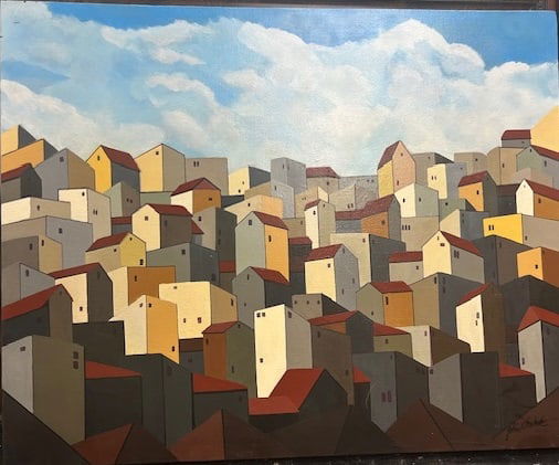 Jon Chehak — Crowded 1: Compact geometric city forms stacked in rhythmic layers; a smaller-scale exploration of Chehak’s architectural abstractions.Jon Chehak is a Cedar Rapids–based painter known for stylized geometric