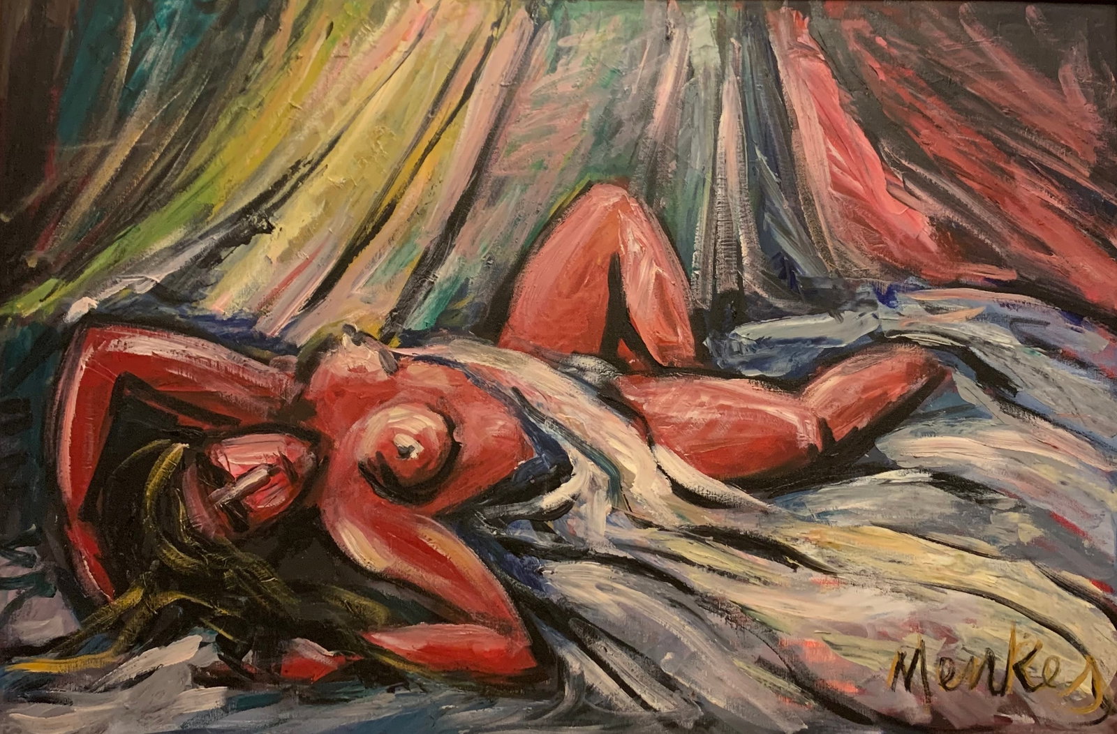 Sigmund Menkes (XX c. Ukrainian Polish Jewish Painter) — Reclining Figure , Oil on Canvas: Sigmund Menkes (20th?Century Ukrainian?Polish?American Painter) — Reclining FigureMedium & Size: Oil on canvas, 23 x 36 in. Description (with attribution note):A bold and emotionally charged