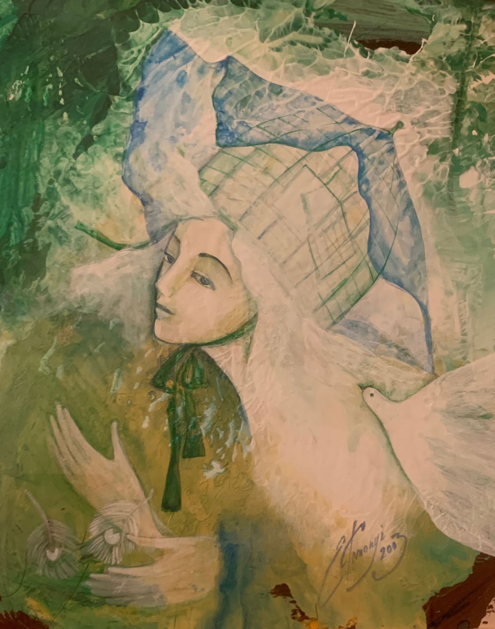 Erika Komonyi (Ukrainian Hungarian Painter) —Angel with Dove (2003): Professionally framed piece "Angel with Dove" by Erika Komonyi. With Frame 28in x 25in, Without frame 14in x 12in. Erika Komonyi (b. 1965) is a Ukrainian-American painter, ceramic artist, and