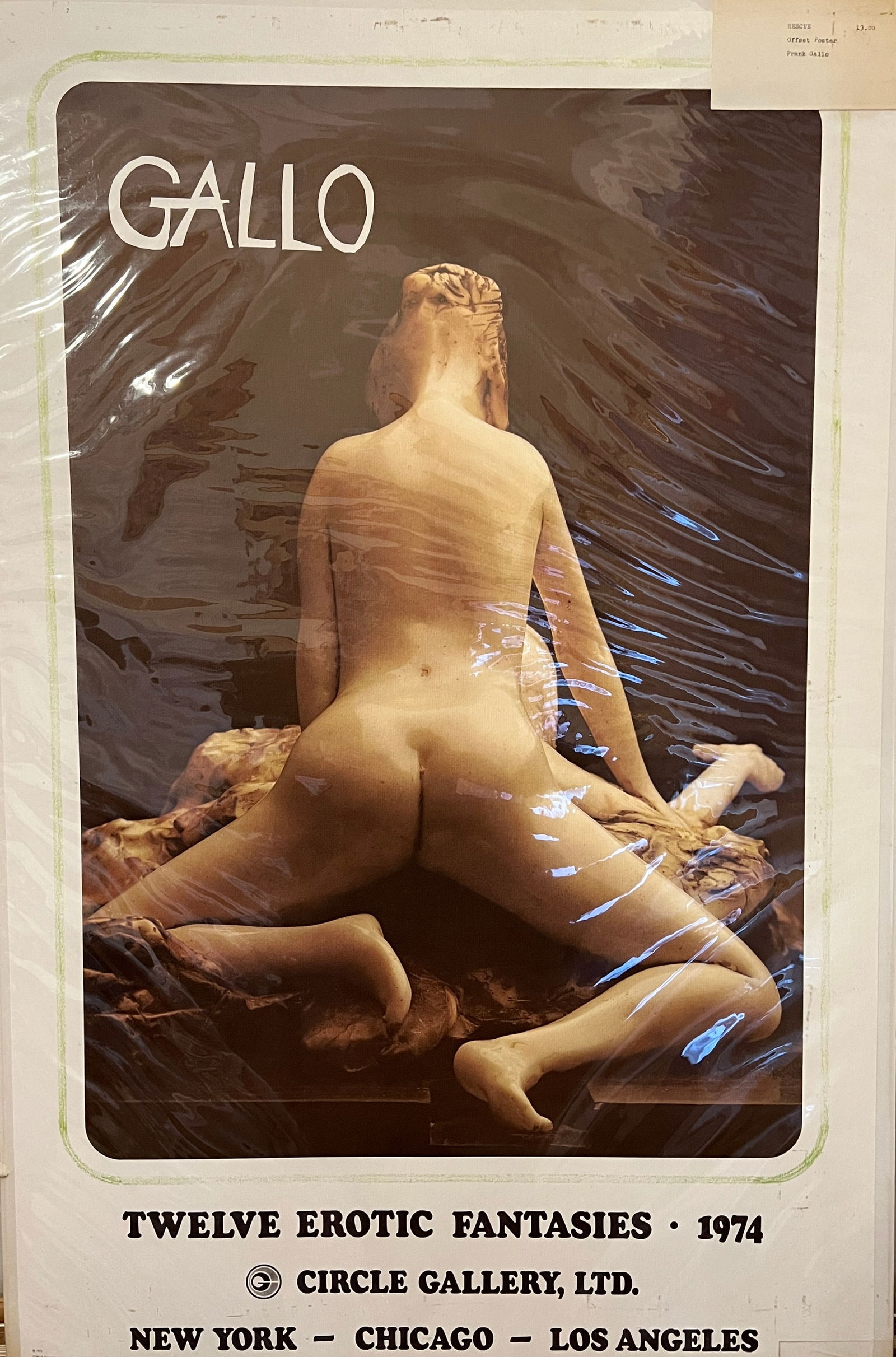 Gallo —Twelve Erotic Fantasies (1974), Poster: Gallo —Twelve Erotic Fantasies (1974), PosterExhibition poster for Circle Gallery, Ltd. featuring a dark, dramatic composition with a seated nude figure viewed from the back. The design uses strong
