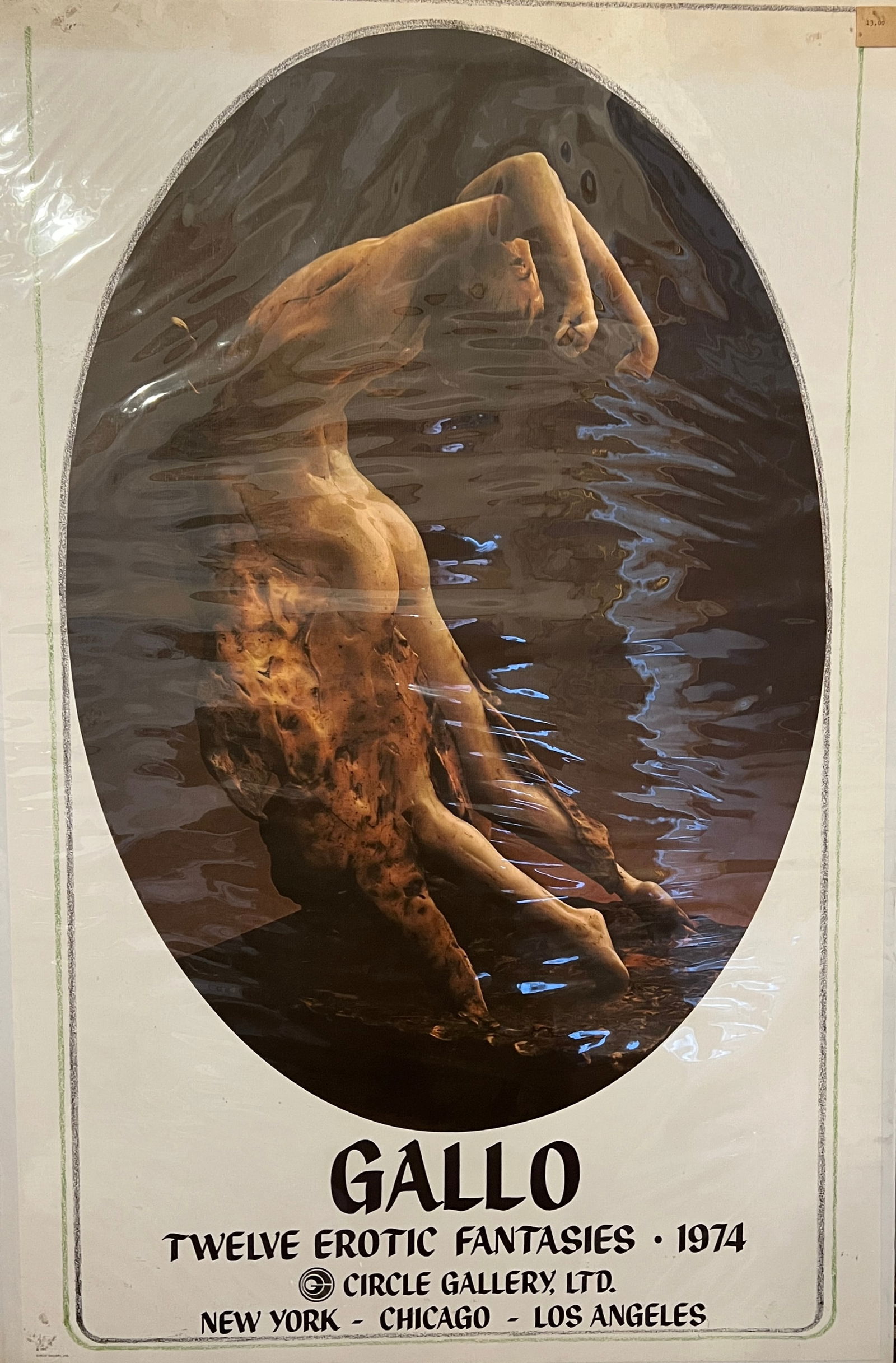 Gallo —Twelve Erotic Fantasies (1974), Poster: Gallo —Twelve Erotic Fantasies (1974), Poster Exhibition poster for Circle Gallery, Ltd. This version shows a nude figure in an arched pose within an oval frame, giving the image a more theatrical