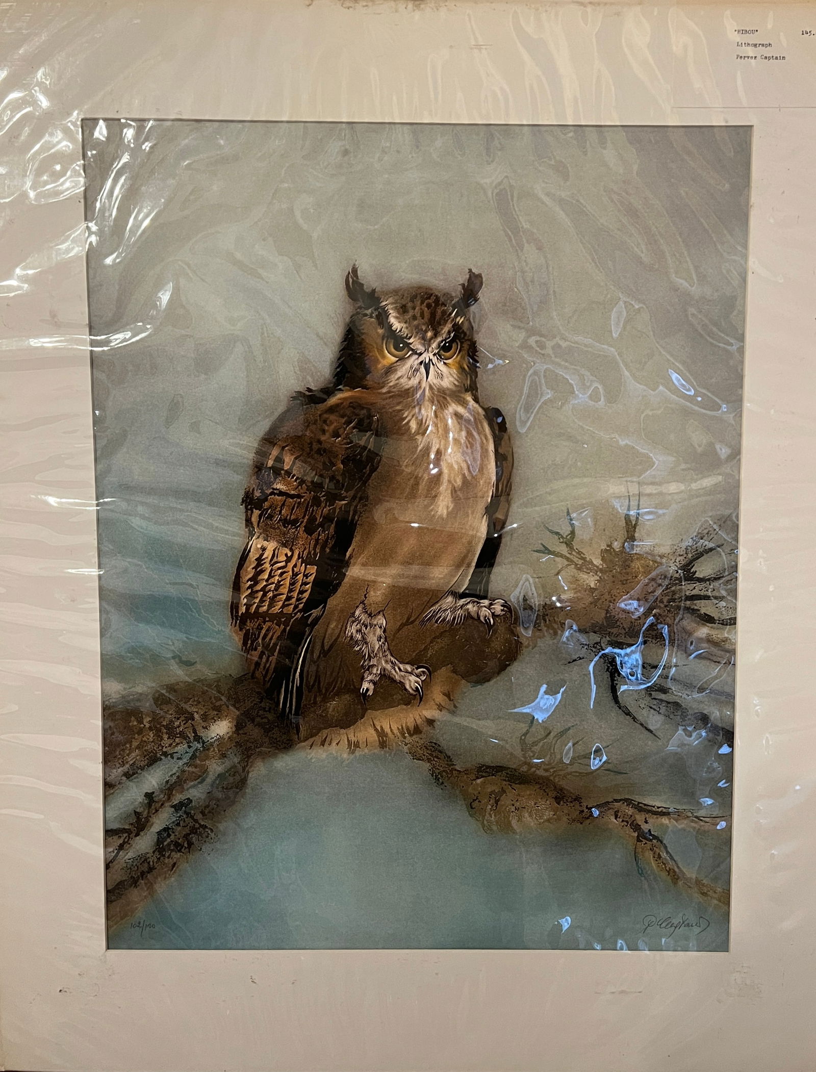 Pervez Captain — Hibou, Lithograph: Lithograph by Pervez Captain showing an owl perched on a branch. The print combines detailed rendering in the bird with a soft, misty background, which gives the image a calm and watchful mood.