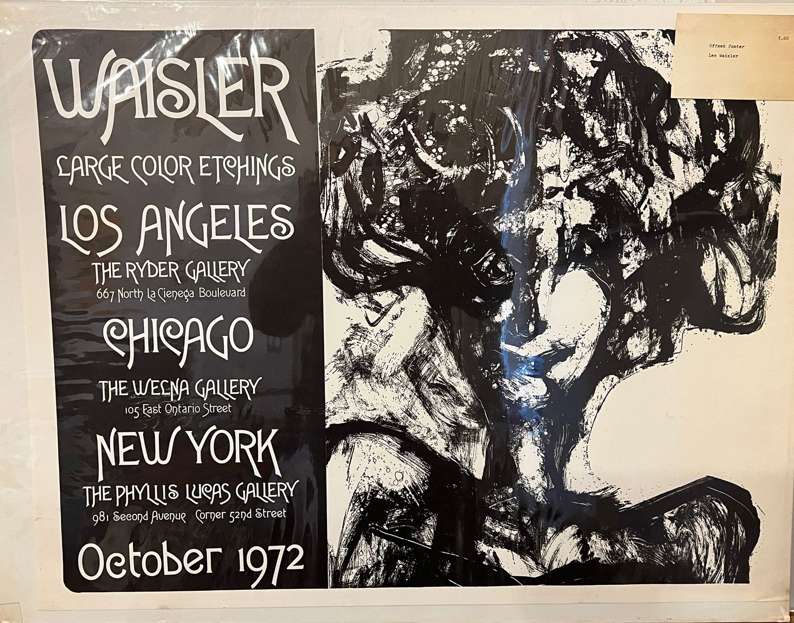 Lee Waisler — Large Color Etchings (1972), Poster: Lee Waisler — Large Color Etchings, Exhibition poster from October, 1972.Exhibition poster promoting Waisler’s etchings in Los Angeles, Chicago, and New York. The layout pairs stylized lettering