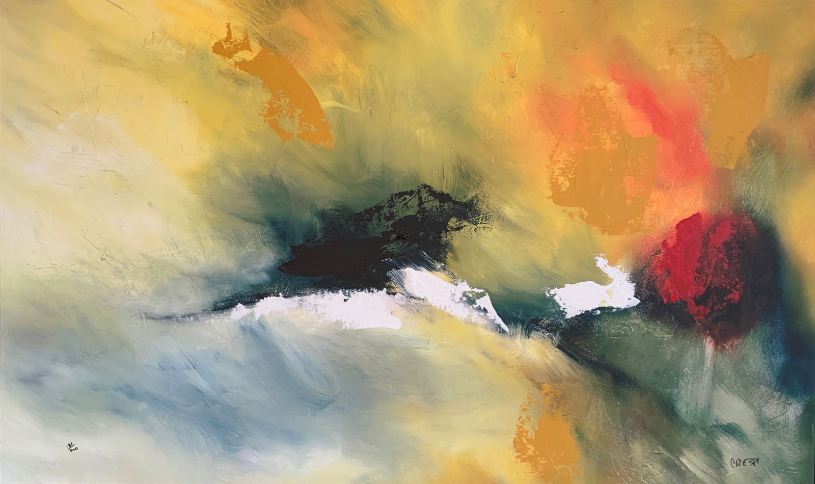 Rubin Crespi (Swiss Artist) — Relief II, Giclée on Canvas, Originally Framed: Rubin Crespi, Relief II Giclée on Canvas. Signed and acrylic touch up by the artist; from an edition of 600. Catalogue Note: Relief II exemplifies Crespi’s characteristic abstract vocabulary, combi