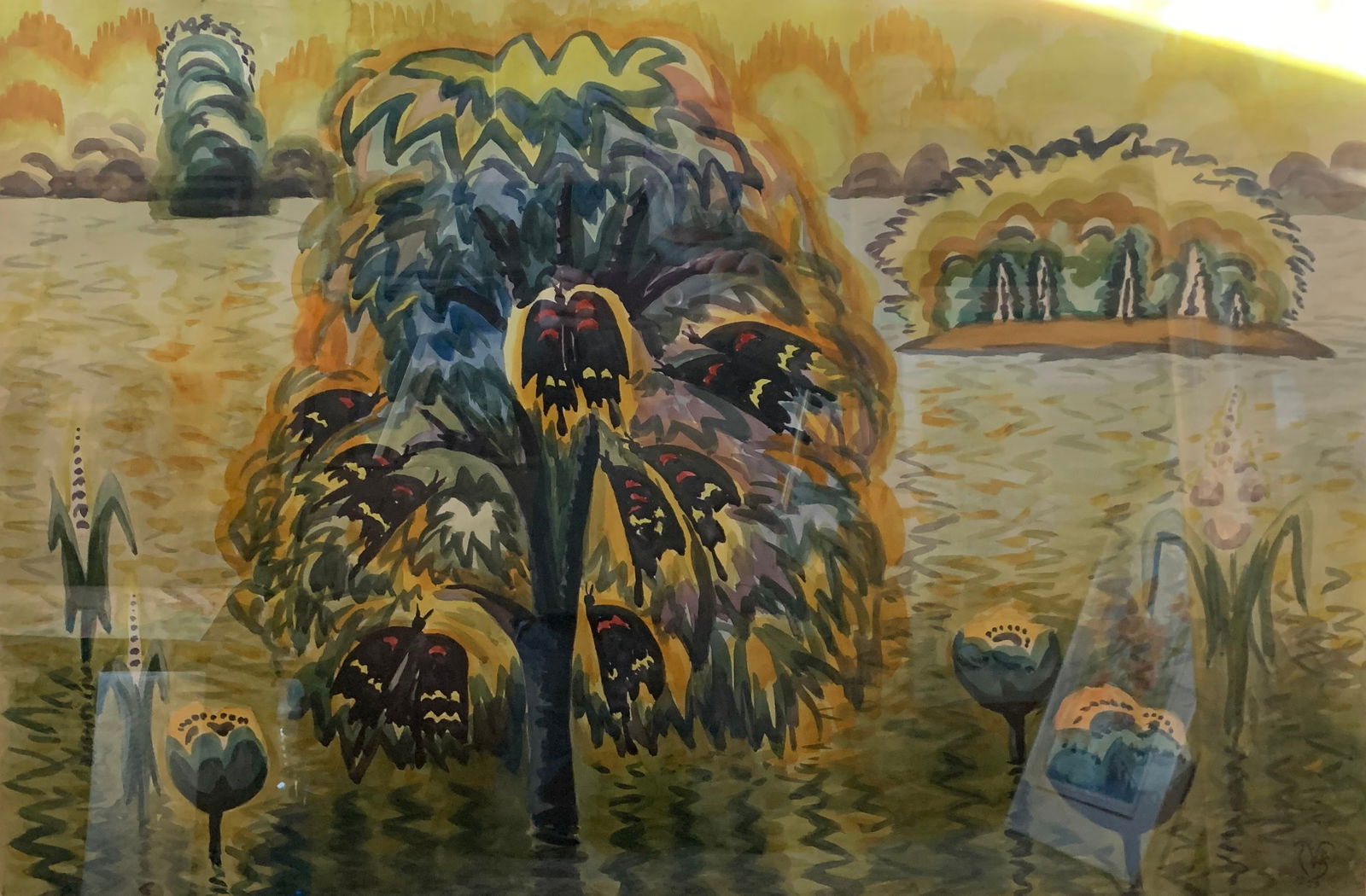 Charles E. Burchfield (American Modernist, XX c.) — Fantastical Marsh Landscape, Watercolor on: This vibrant and imaginative watercolor, attributed to Charles E. Burchfield, presents a rare opportunity to acquire a work evocative of the artist’s distinctive vision. The composition features a r