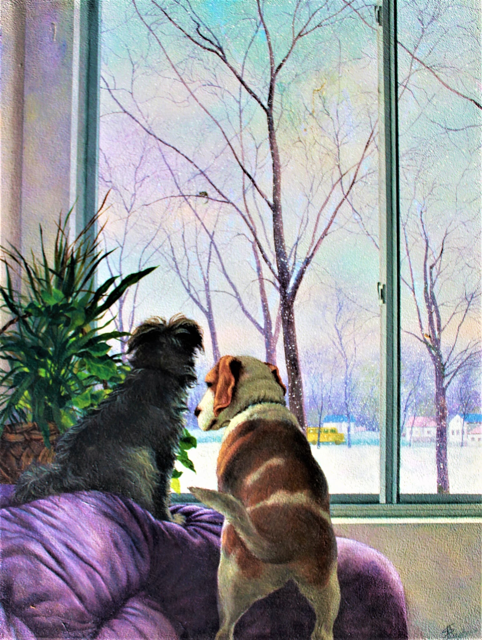 Oleksander Tkachenko (Ukrainian-American, XX c.) — Dogs at Window, Mixed Media on Canvas: A quietly compelling and beautiful work, this painting by Oleksander Tkachenko is offered here as an elegant example of the artist’s refined and atmospheric practice. Measuring 40 x 29 inches, the c