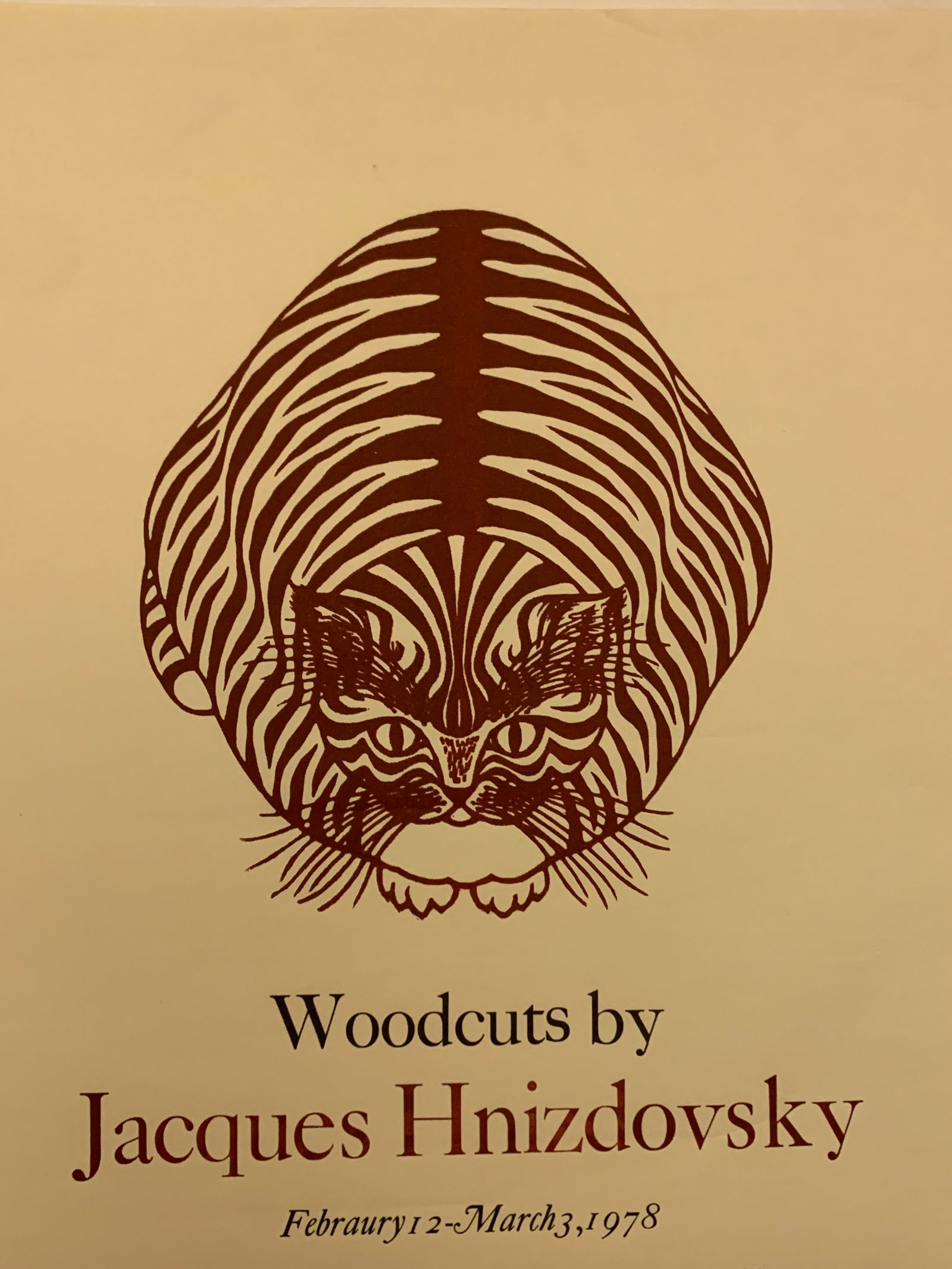 Jacques Hnizdovsky (Ukrainian, 1915–1985) — The Cat, Original 1980 Lithographic Exhibition: Jacques Hnizdovsky (Ukrainian, 1915–1985) — The Cat, Original 1980 Lithographic Exhibition Poster, Signed by the Artist, 24 ¼ x 18 ½ in. (sight); framed 30 x 24 in. Catalogue Note: A