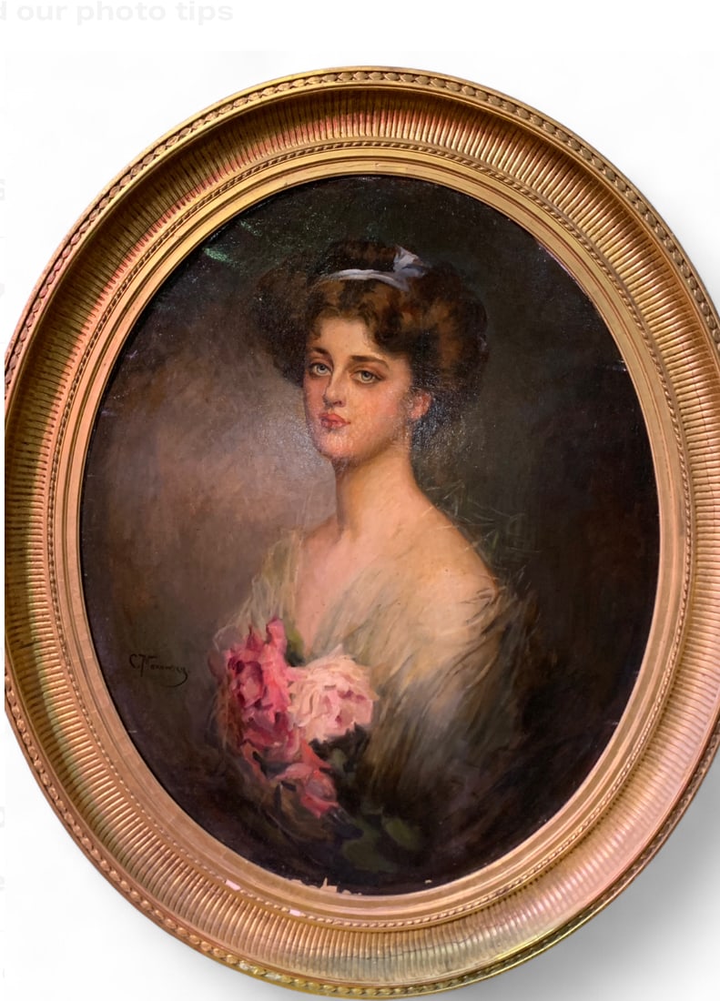 Konstantin Makovsky (XIX c. Russian painter) — Portrait of a Young Woman, Oil on Canvas: This elegant oval portrait is attributed to Konstantin Makovsky and depicts a young woman in three-quarter view, her gaze soft and introspective. The sitter’s finely modeled features and luminous co