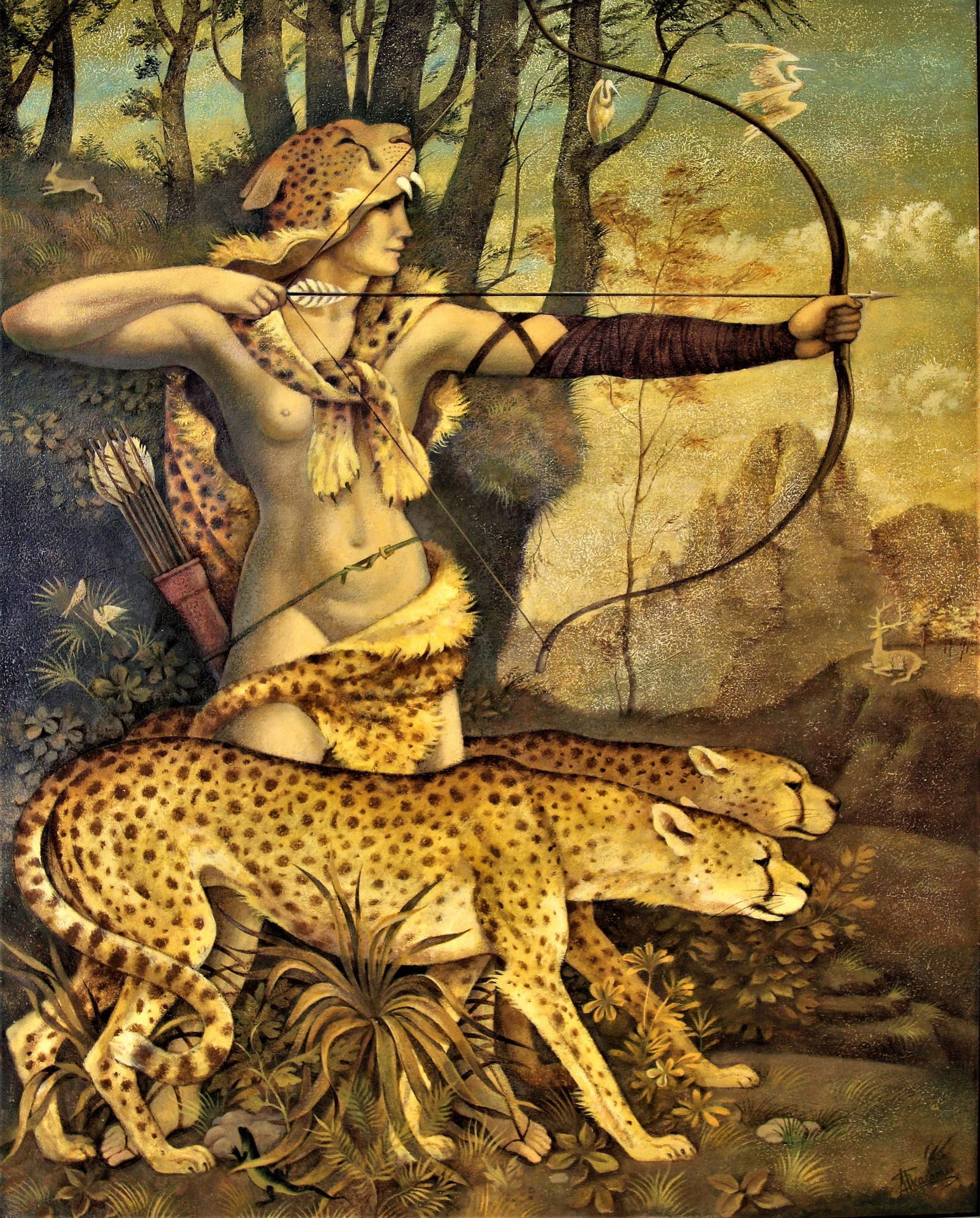 Oleksander Tkachenko (Ukrainian-American, XXI c.) — Female Hunter with Jaguars, Mixed Media on: Catalogue Note: This striking and imaginative composition by Oleksander Tkachenko presents a commanding female hunter poised within a lush, sun-dappled jungle. Two light yellow jaguars with delicate b