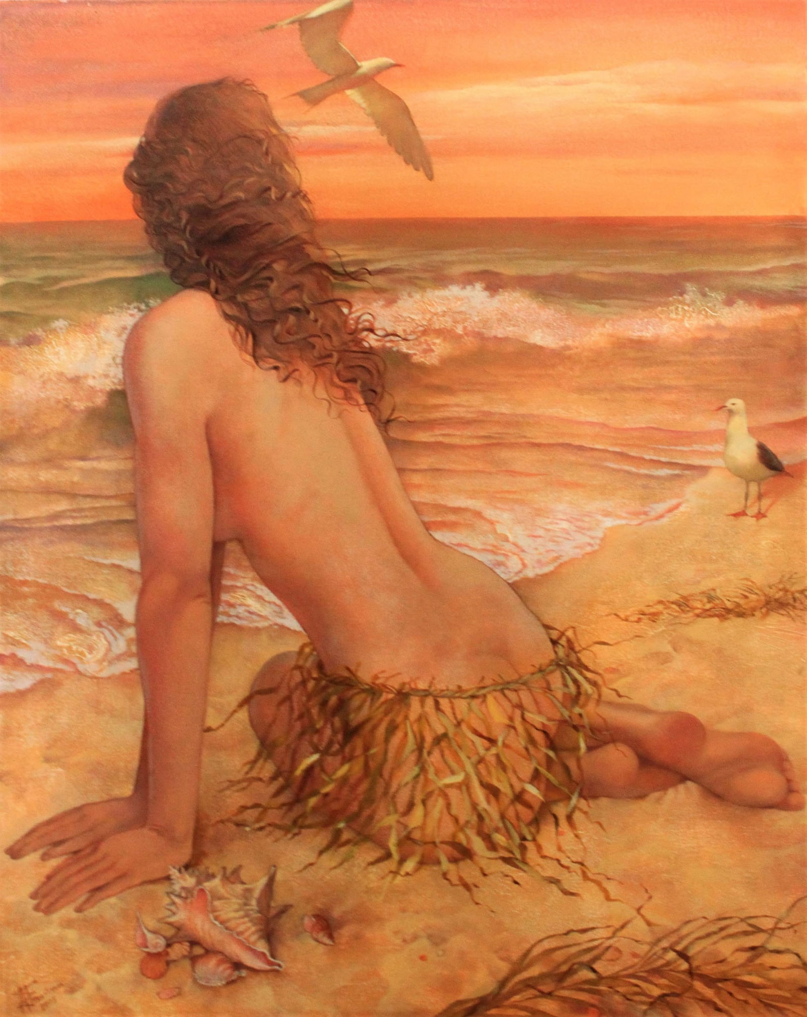 Oleksander Tkachenko (Ukrainian-American, XX c.) — Seaside Reverie, Mixed Media on Canvas,: Catalogue Note: This luminous painting by Oleksander Tkachenko captures a serene moment of quiet contemplation at the water’s edge. A semi-nude female figure, seen from behind, is seated gracefully