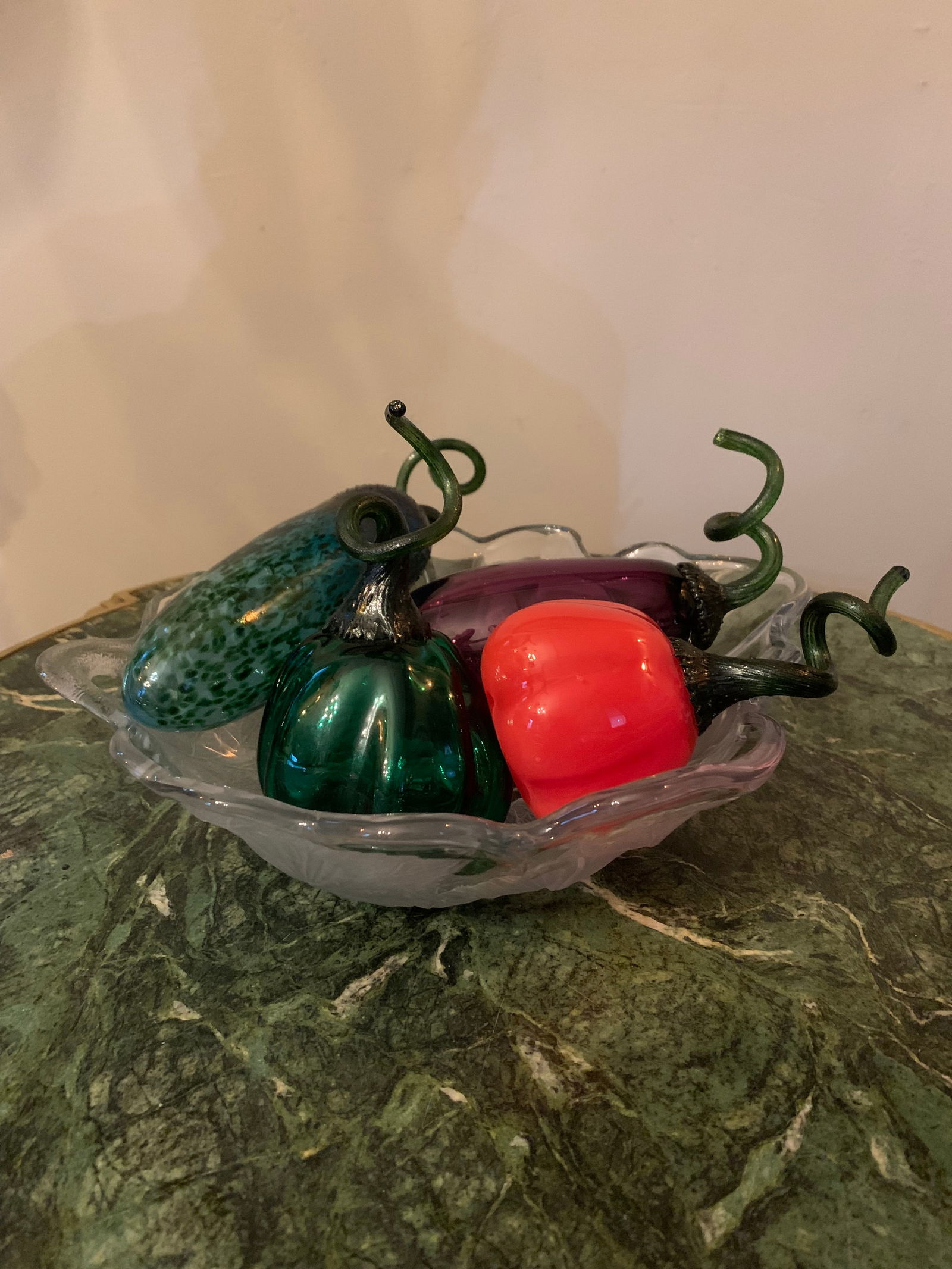 Hand-Made Custom Art Blown Glass Centerpiece, Five-Piece Set: An exquisite and highly decorative hand-made custom blown glass ensemble, composed as a five-piece still-life arrangement resting within a delicately formed glass dish. The composition evokes the rich